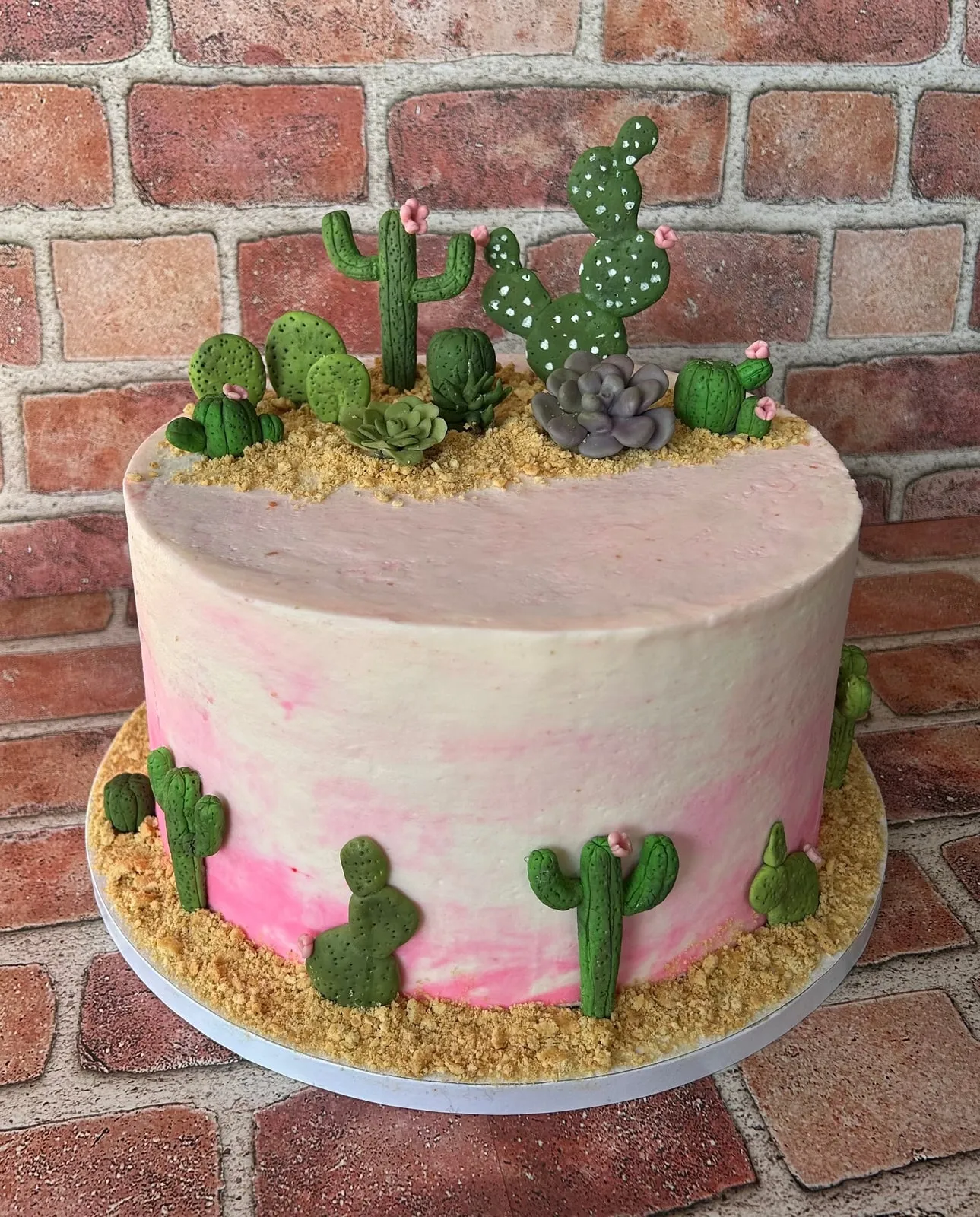 Pink watercolour buttercream cake with piped cacti and a sand coloured base