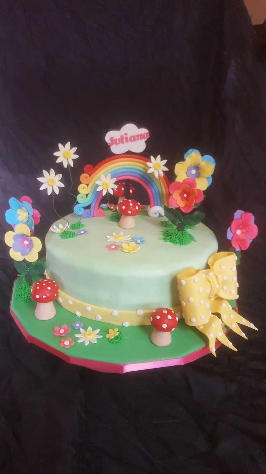 Fairy garden cake with fondant toadstools, rainbow and hand piped flowers